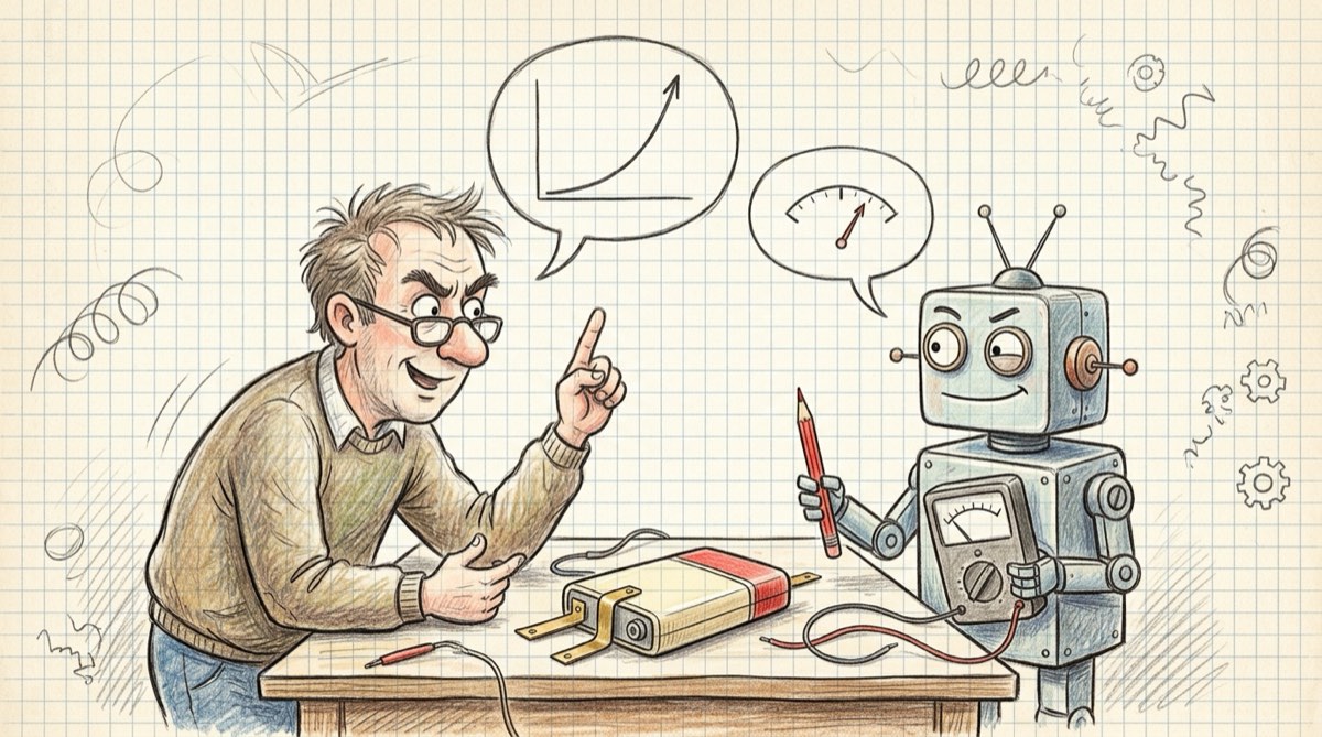 Színes ceruzás karikatúra kockás füzetlapon: egy pulóveres, szemüveges mérnök felfelé mutat, a buborékjában meredeken emelkedő görbe; vele szemben egy dobozfejű robot piros ceruzával és mutatós mérőműszerrel, a buborékjában egy műszerskála. Köztük az asztalon a laposelem.